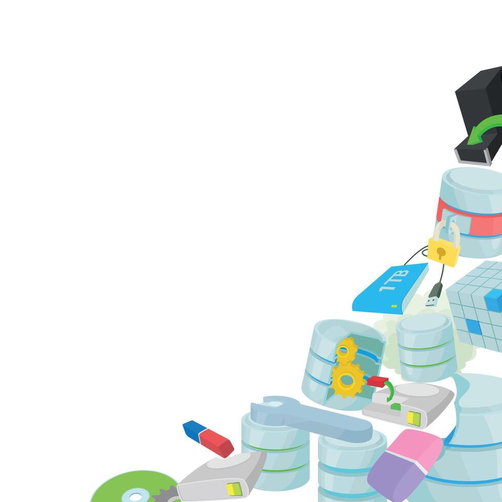 Database maintenance and data storage management involving various devices and tools vector