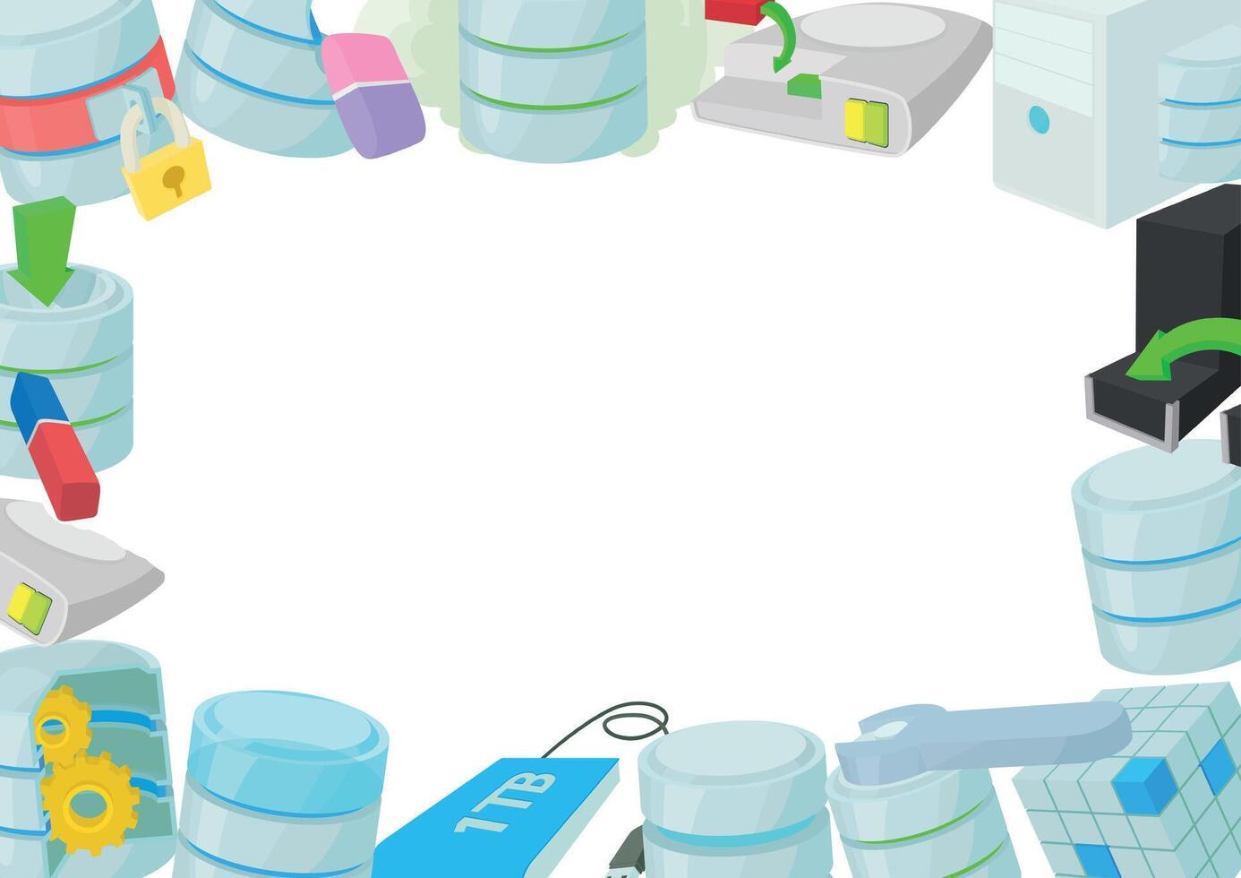 Data storage frame with cartoon style database icons providing copy space vector