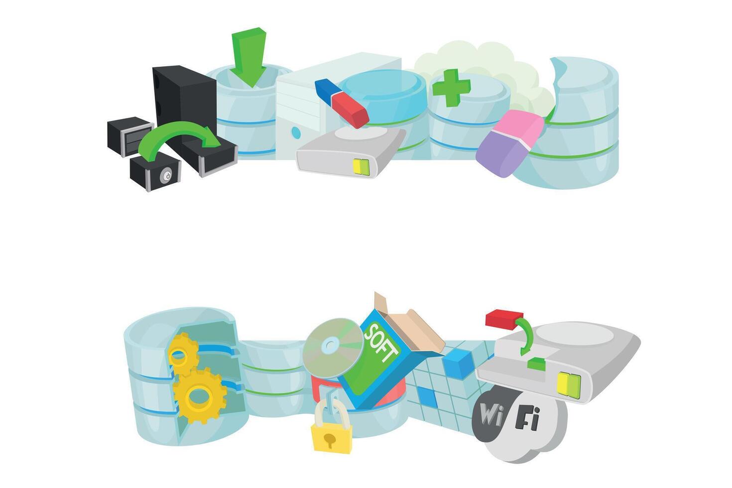 Data storage, software, network, and cloud computing icons representing modern technology vector