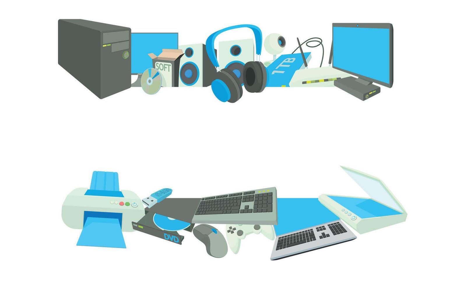 Computer hardware and software icons forming two horizontal banners vector