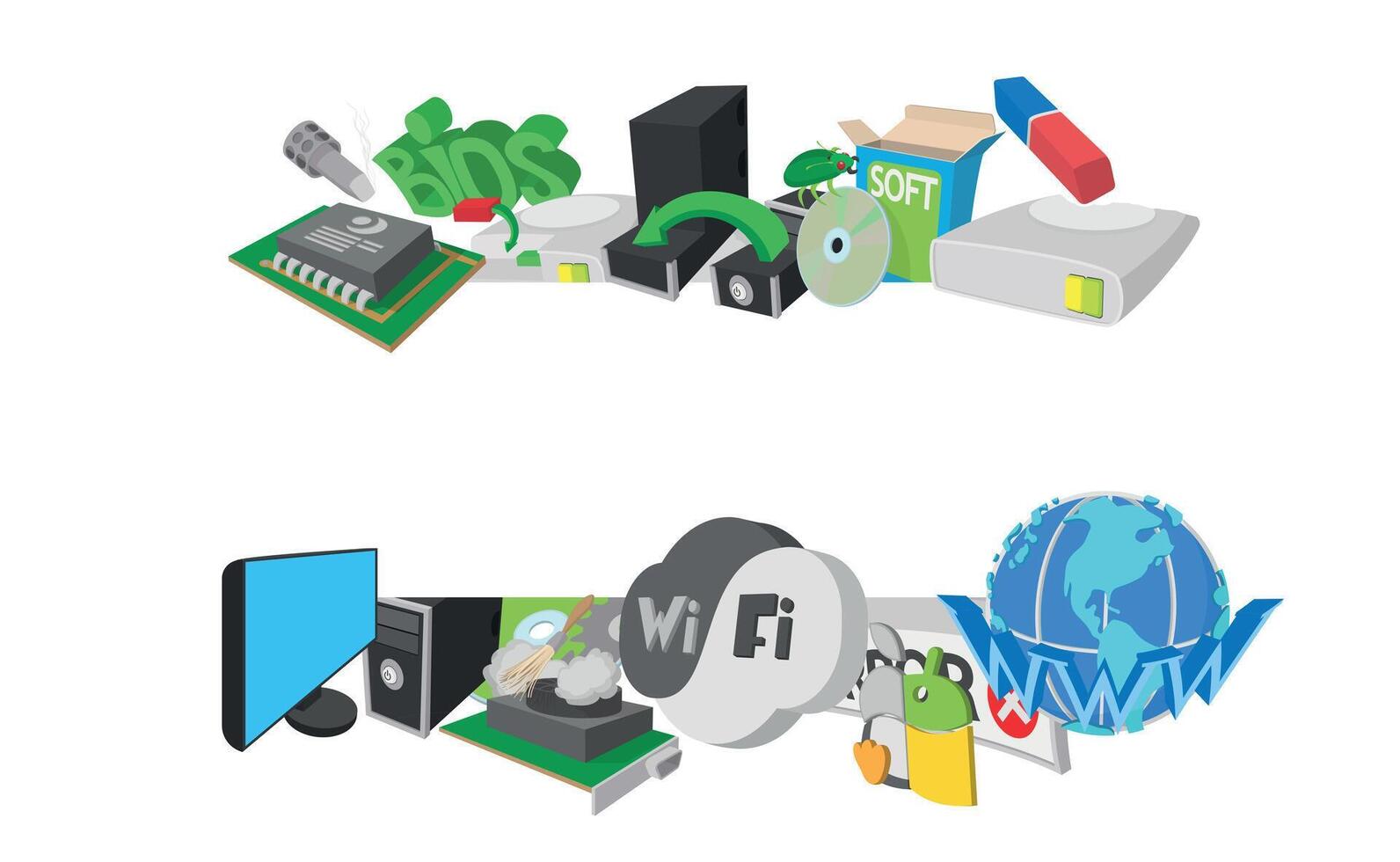 Computer hardware and software, internet and networks icons representing modern technologies vector