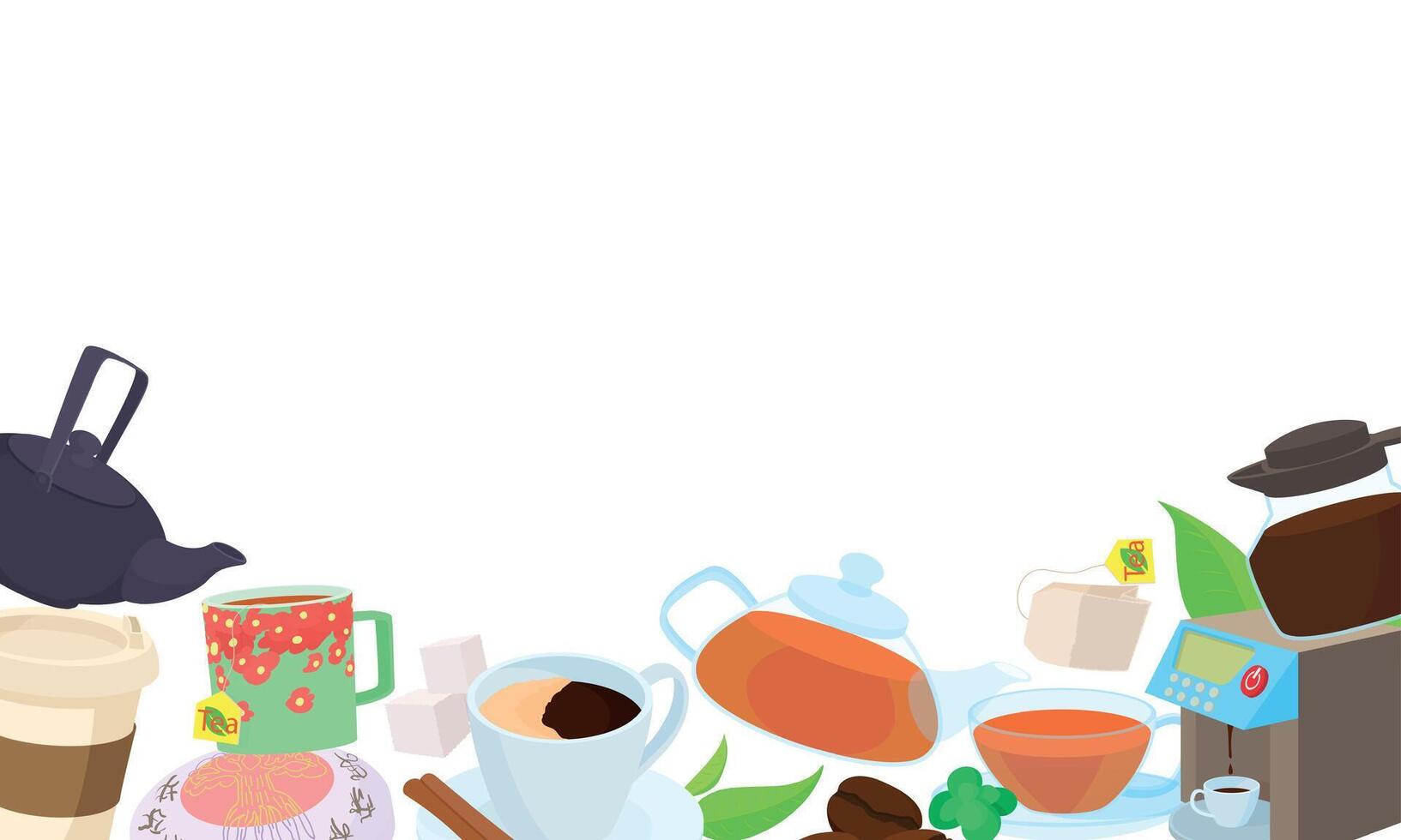Coffee and tea making tools and ingredients frame composition with copy space vector