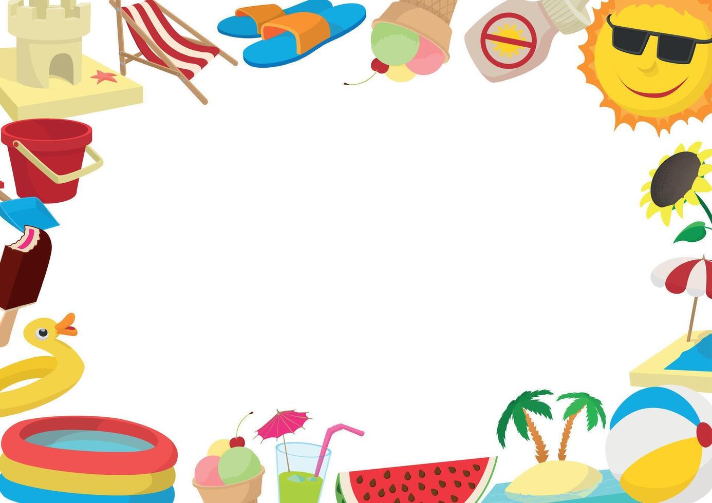 Summer vacation frame border featuring beach, pool, and refreshment icons vector