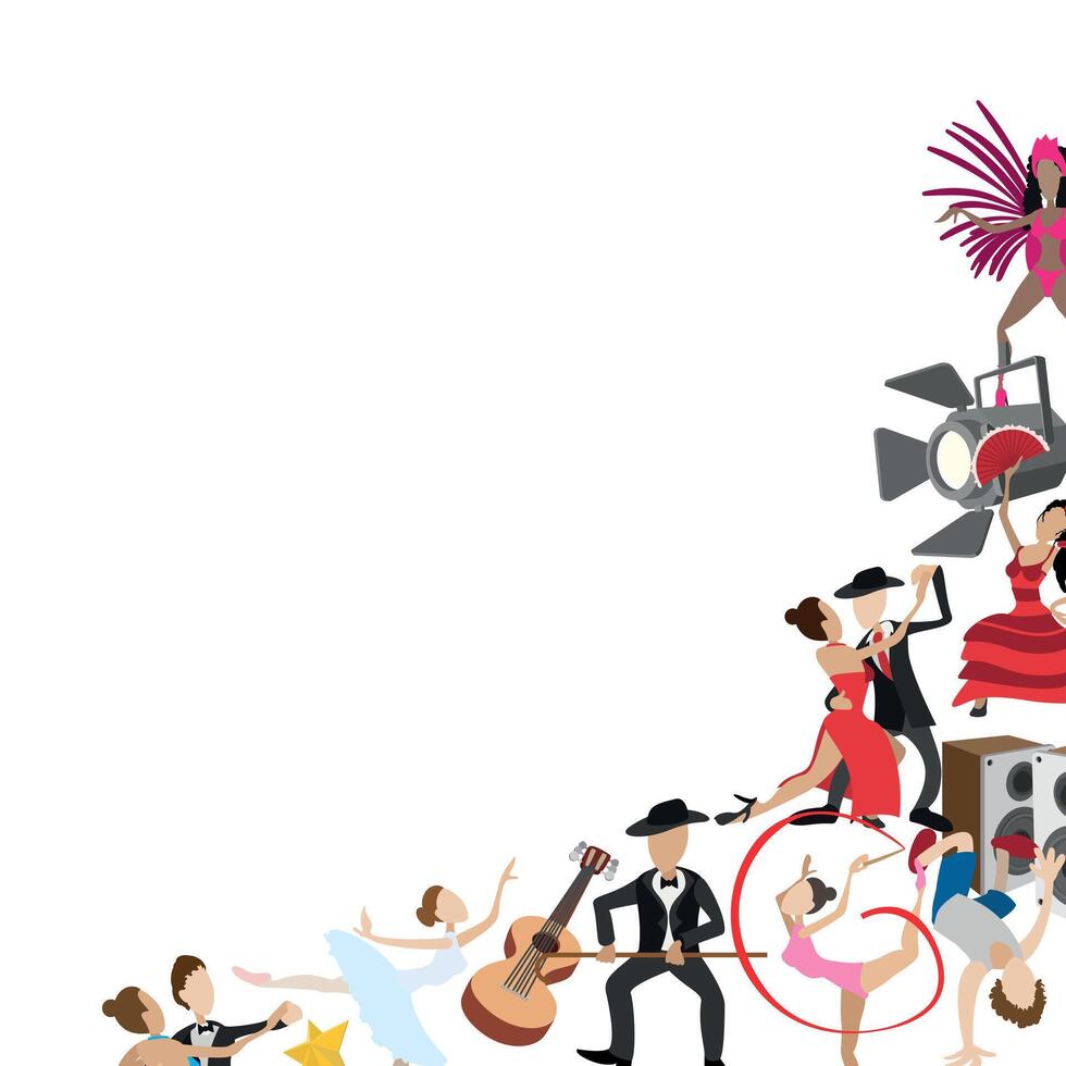 Performing artists dancing and playing musical instruments on white background vector