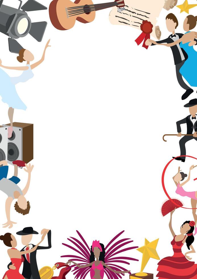 Performing arts frame featuring diverse artists and artistic elements vector