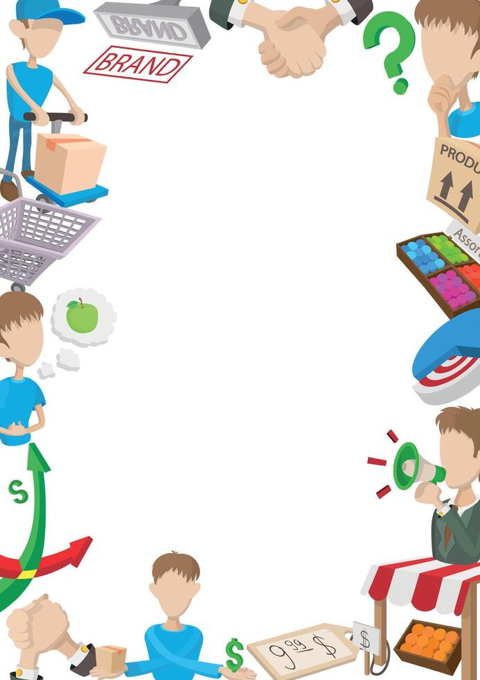 Cartoon icons representing various aspects of marketing and retail create a frame composition on a white background vector