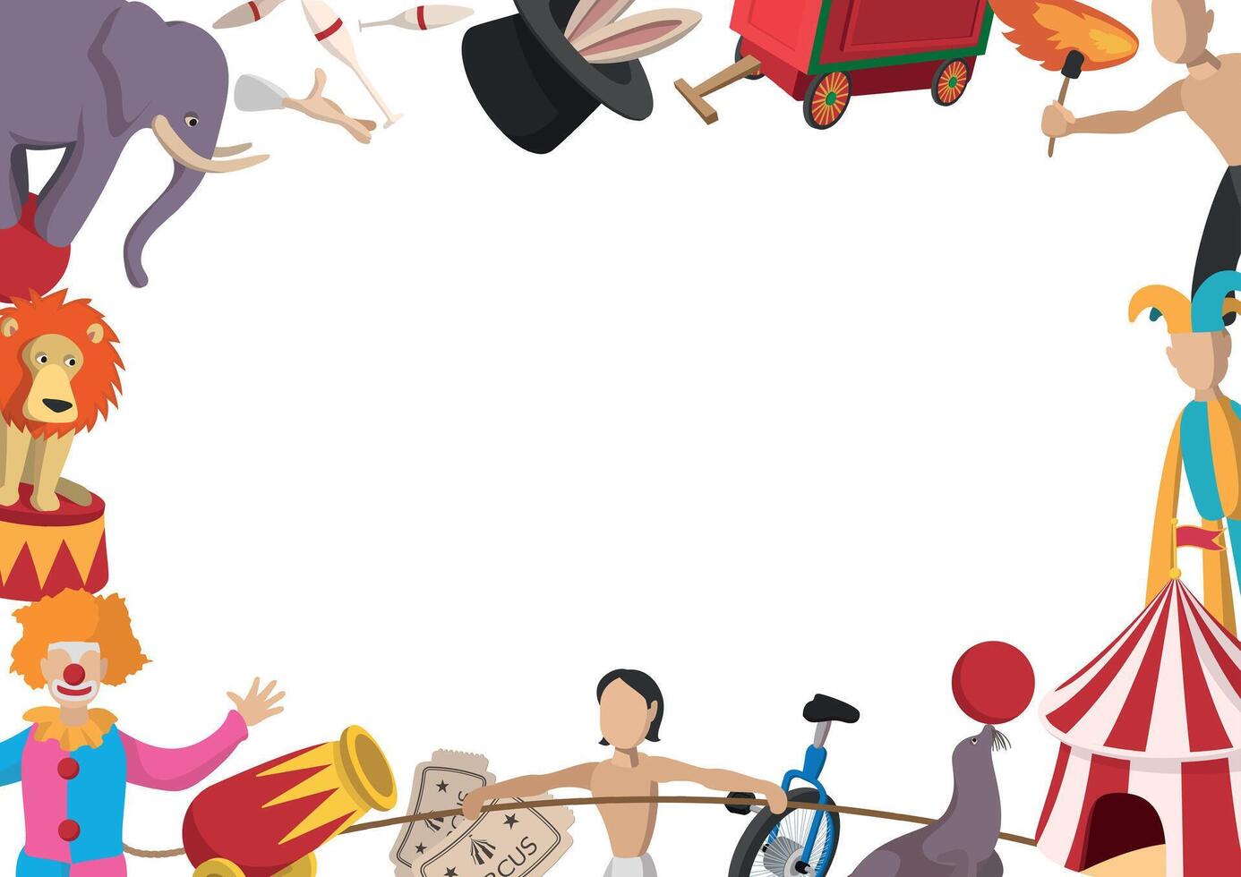 Circus performers and animals creating a colorful frame with copy space vector