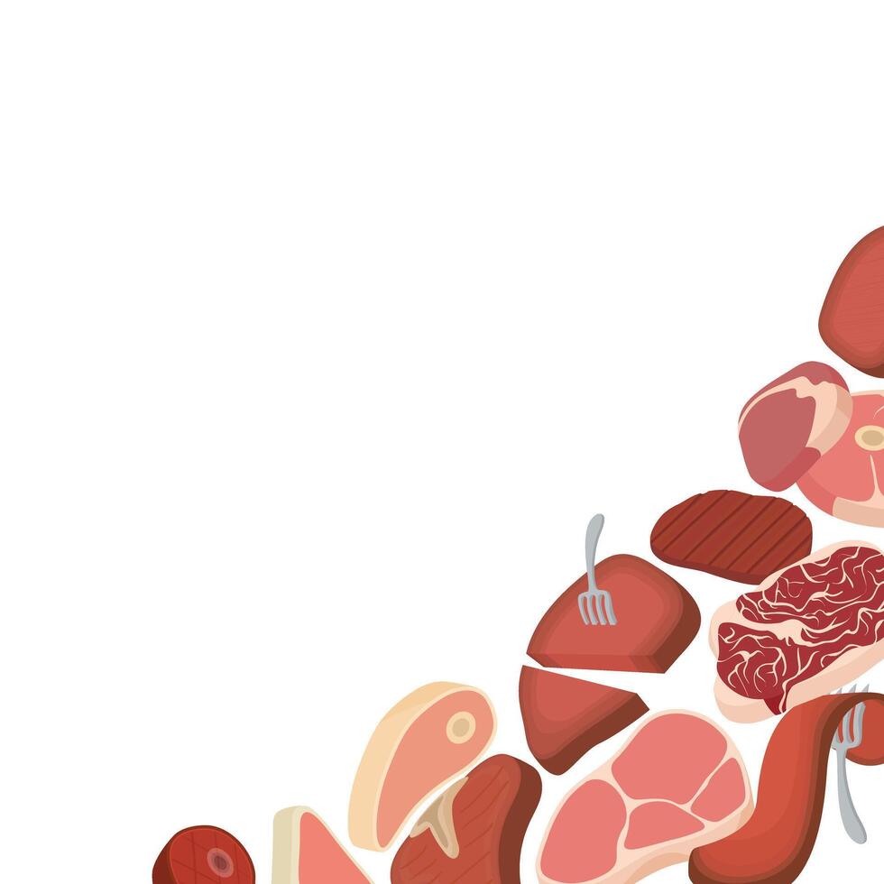 Different cuts of raw red meat forming a border with white background vector