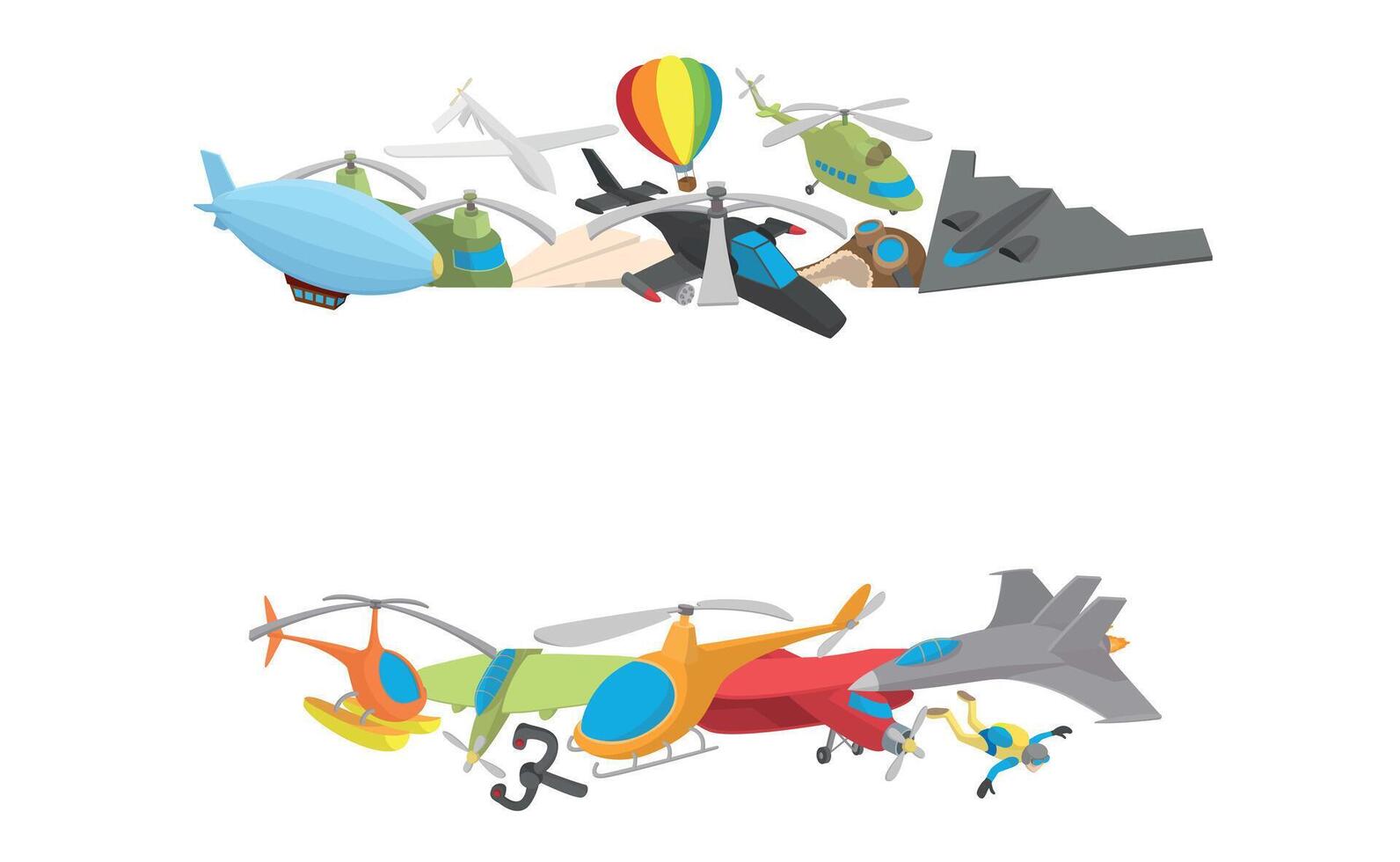 Different types of aircraft flying in the sky, from blimps to fighter jets vector