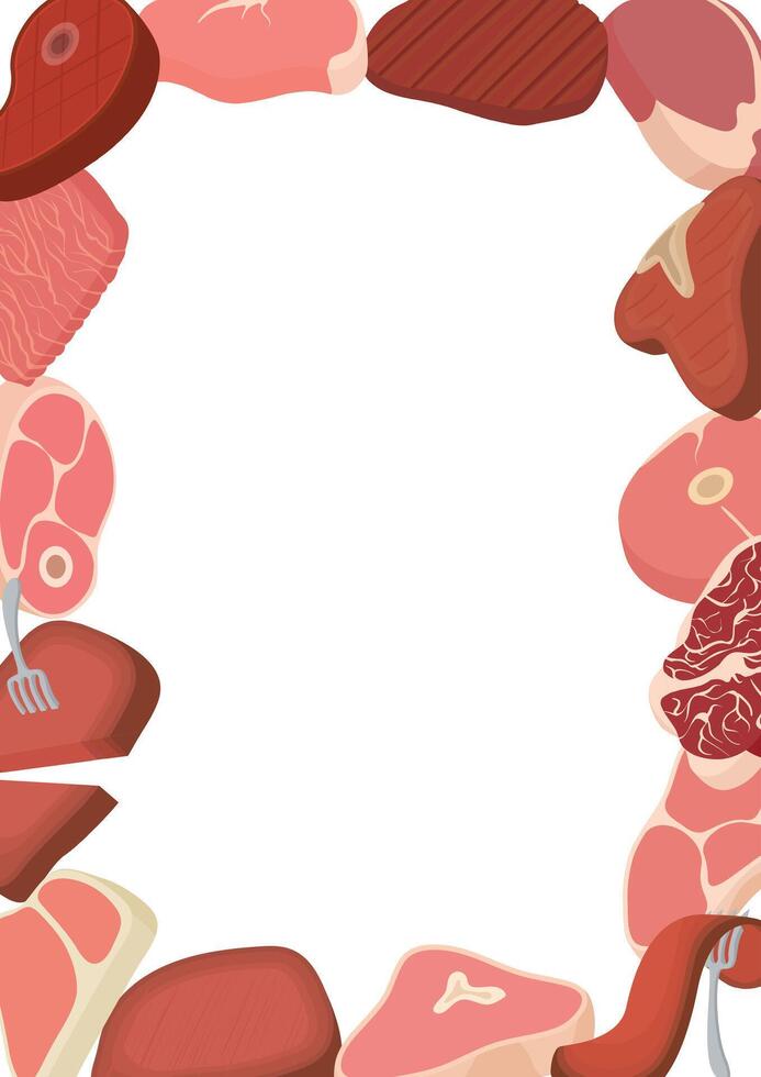 Fresh meat cuts forming a vertical frame with white background vector