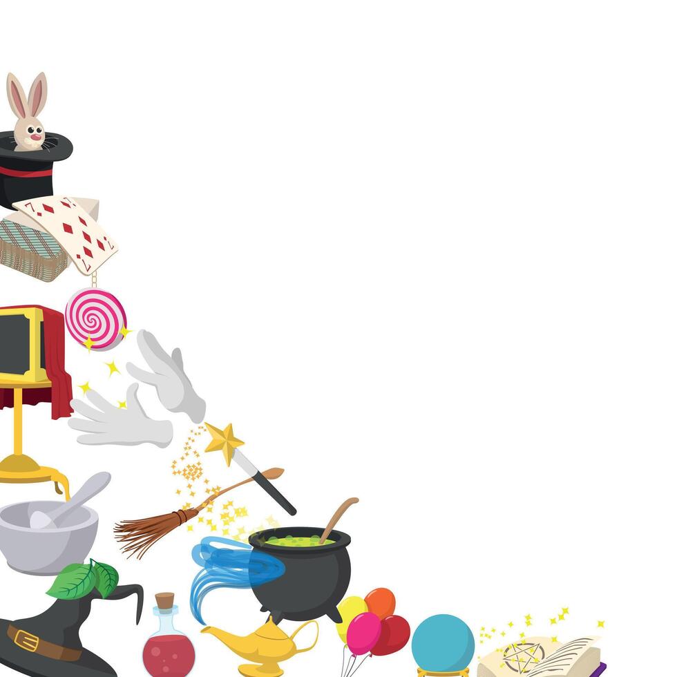 Magic show accessories creating enchanting corner border on white background vector