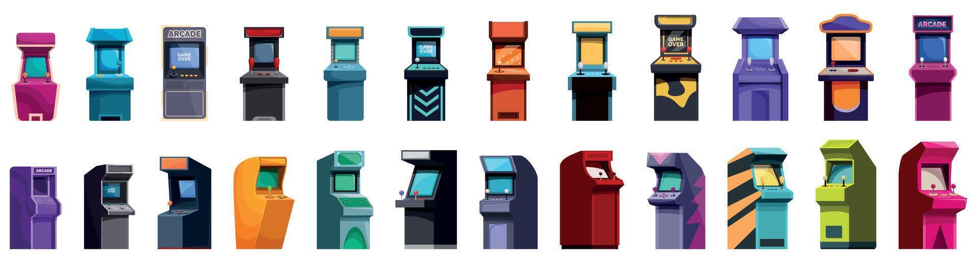 Arcade machine icons set. Retro arcade game machines showing variety of gaming cabinets vector