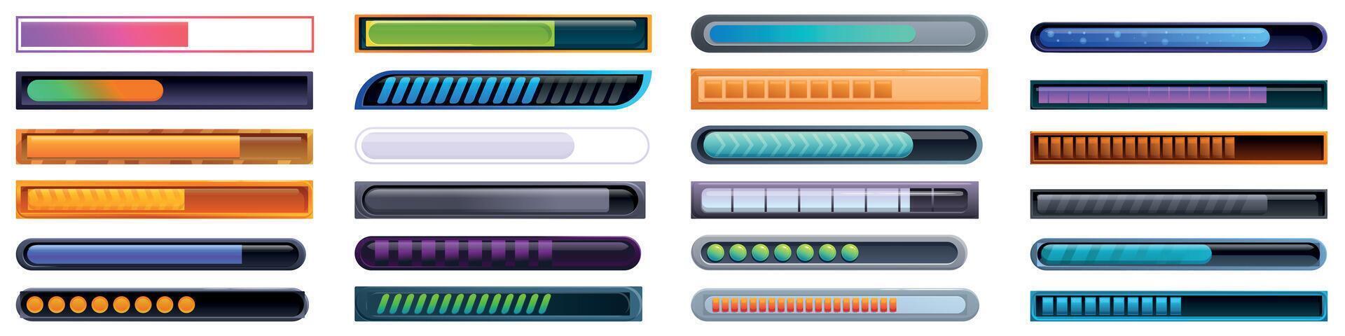 Game loading icons set. Loading bars showing progress status for websites and games vector