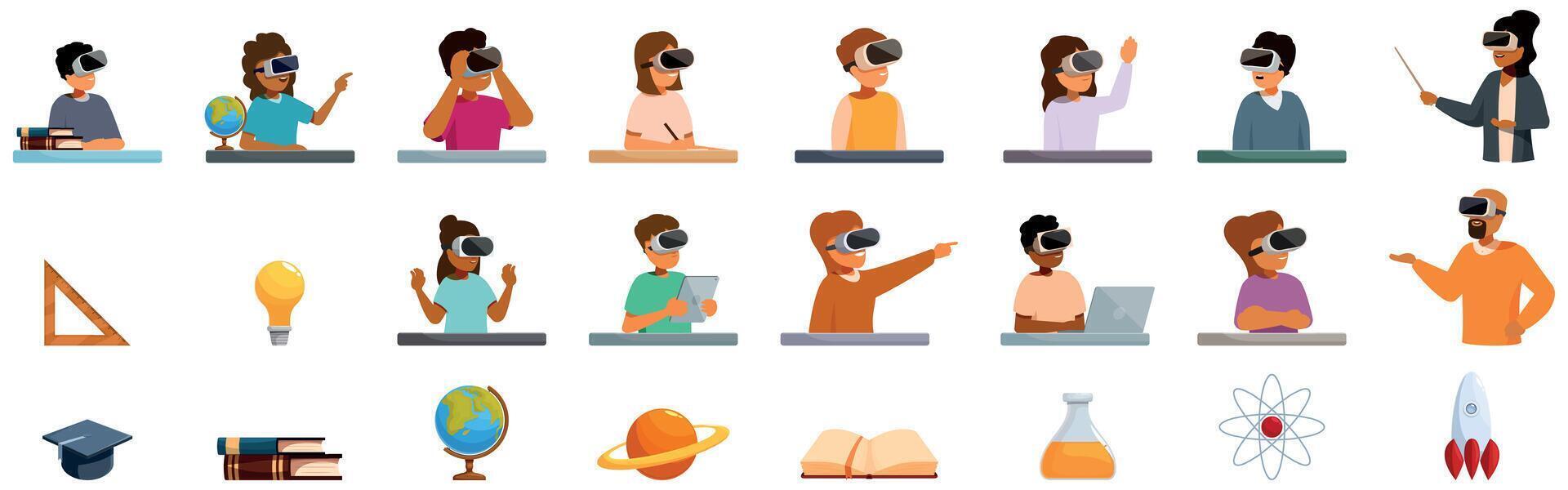 Virtual reality class icons set. Students using virtual reality headsets in education, embracing the future of learning vector