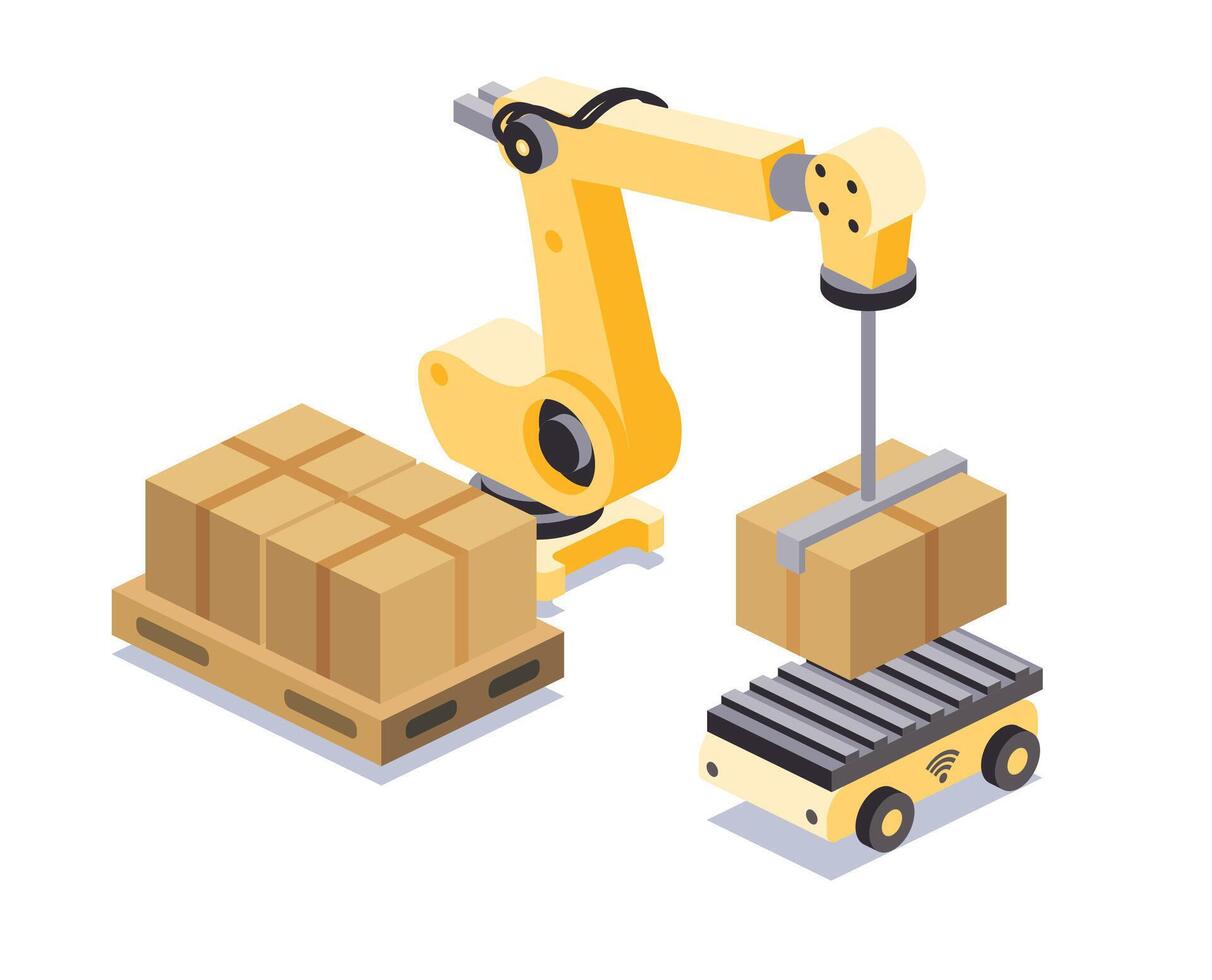 Isometric robotic arm loading cardboard boxes onto an autonomous mobile robot for automated warehouse logistics and cargo handling. vector