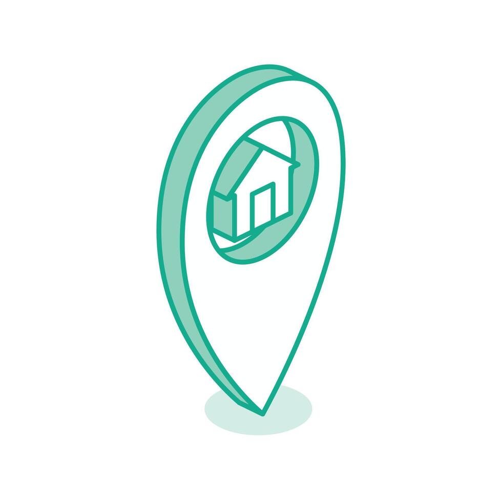 Isometric icon of a map location pointer with a house symbol inside. Concept of home address, delivery destination, GPS navigation, and real estate location. vector