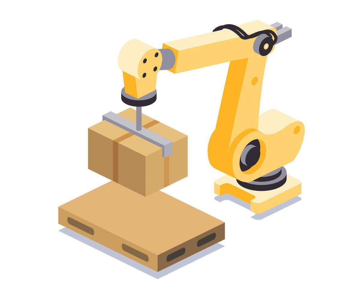 Robotic arm placing cardboard boxes onto an empty pallet. Represents automation, warehouse logistics and smart manufacturing processes. Isometric illustration. vector