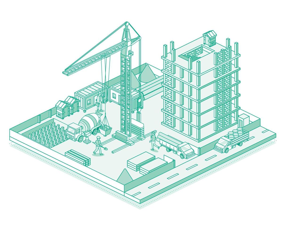 Construction site with crane and skyscraper. Process of building a multi-storey building. Illustration in outline style. Isometric view of a monolithic frame building. vector