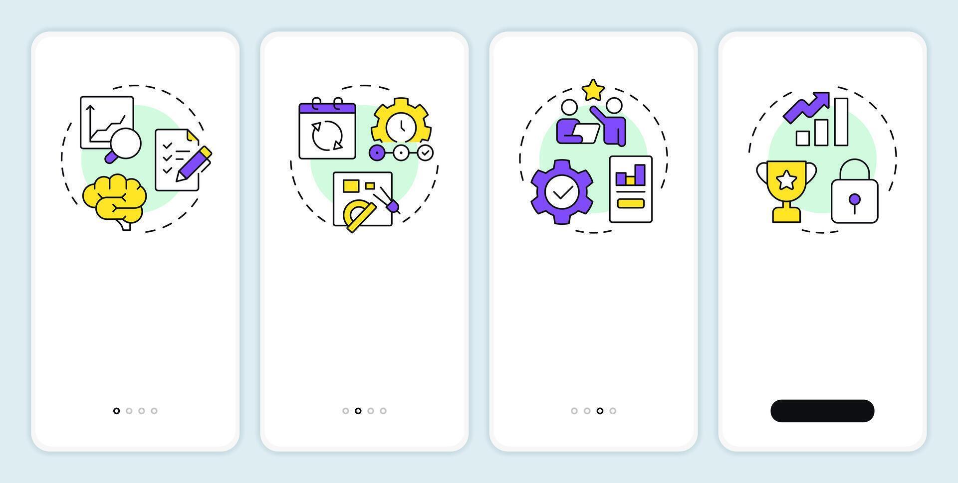Stages of organizational change onboarding mobile app screen. Walkthrough 4 steps editable graphic instructions with linear concepts. UI, UX, GUI vector