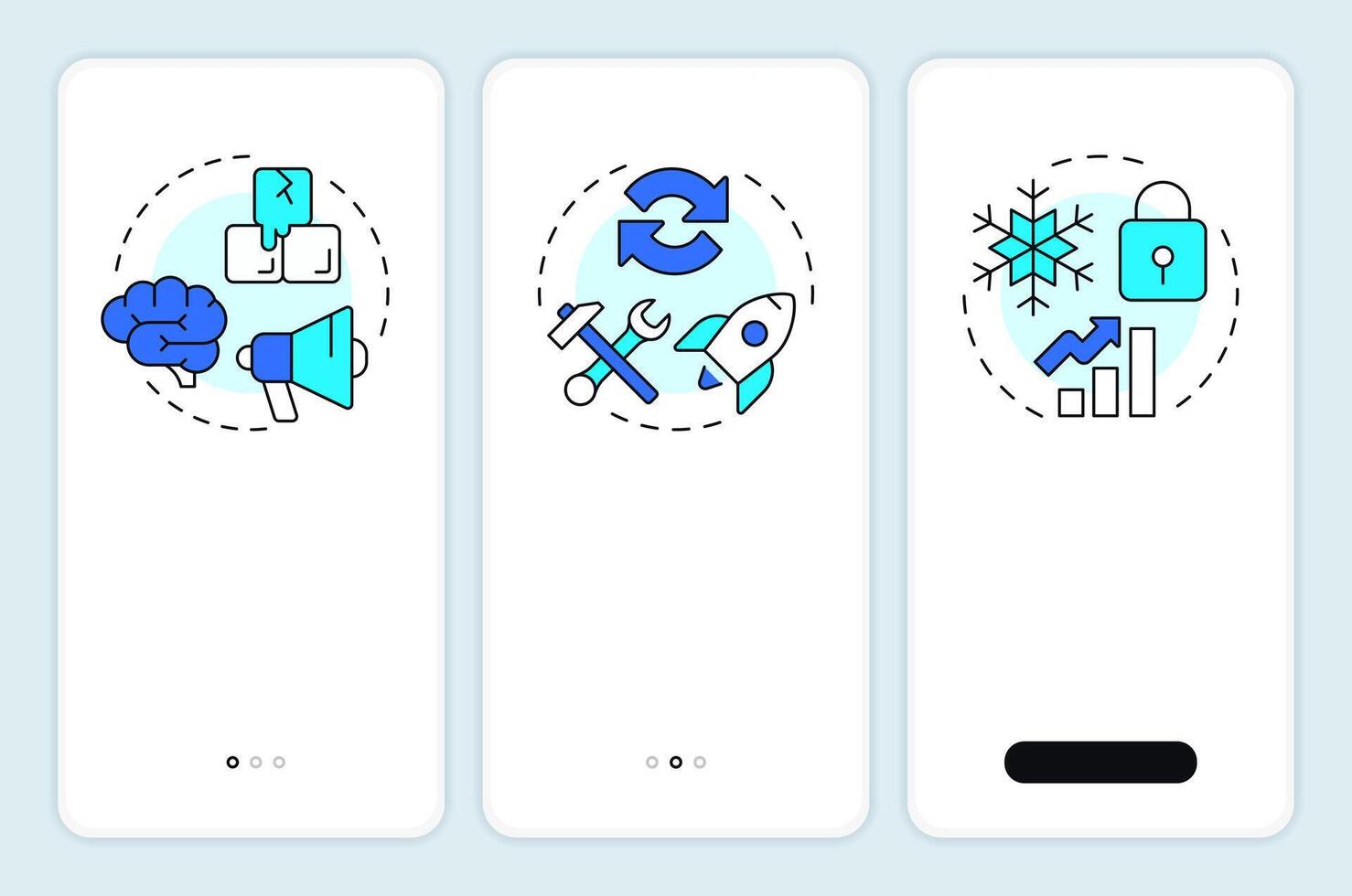 Lewin change management model onboarding mobile app screen. Business. Walkthrough 3 steps editable graphic instructions with linear concepts. UI, UX, GUI vector