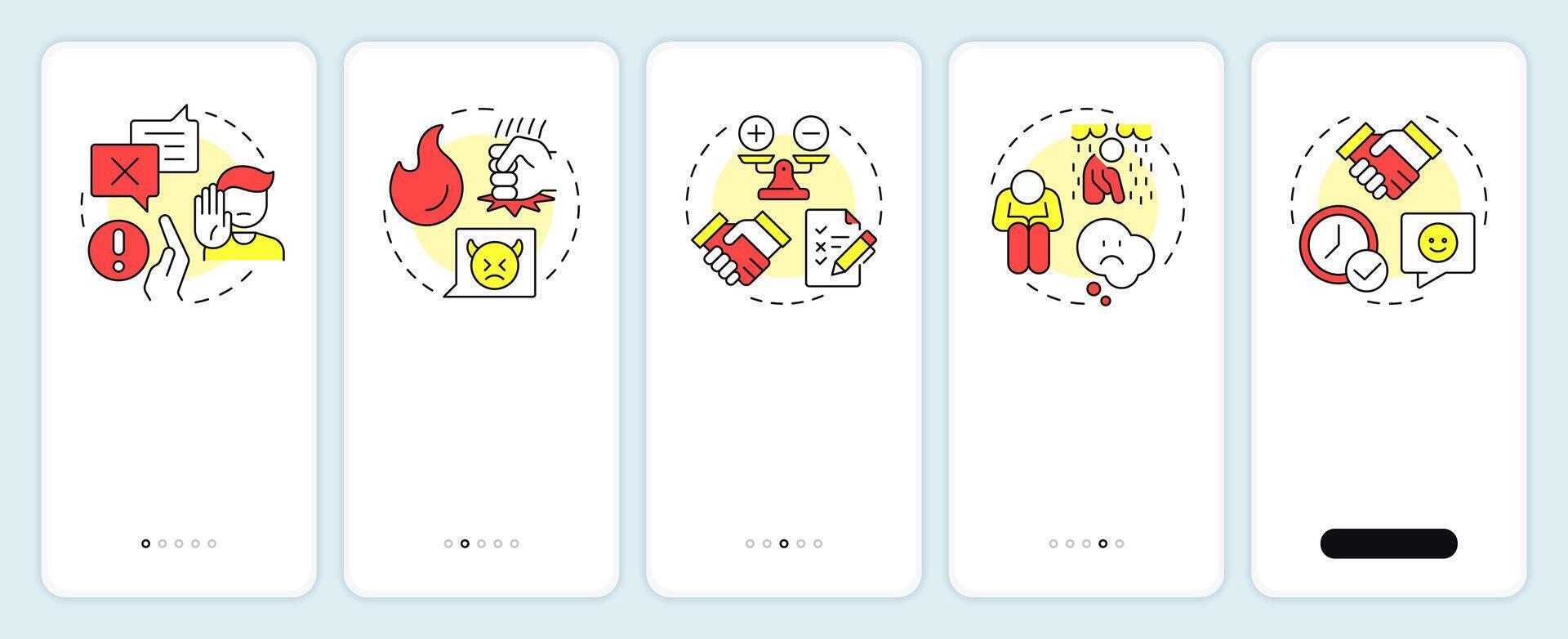 Five stages of grief onboarding mobile app screen. Changes management. Walkthrough 5 steps editable graphic instructions with linear concepts. UI, UX, GUI vector