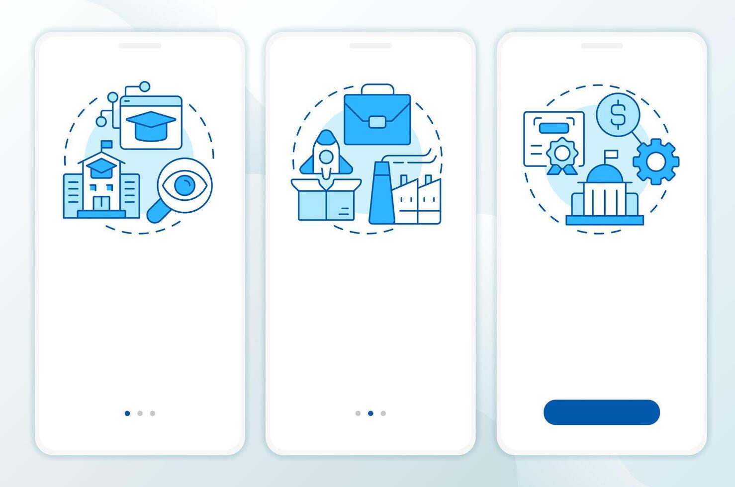 Triple helix model blue onboarding mobile app screen. Innovation plan. Walkthrough 3 steps editable graphic instructions with linear concepts. UI, UX, GUI vector