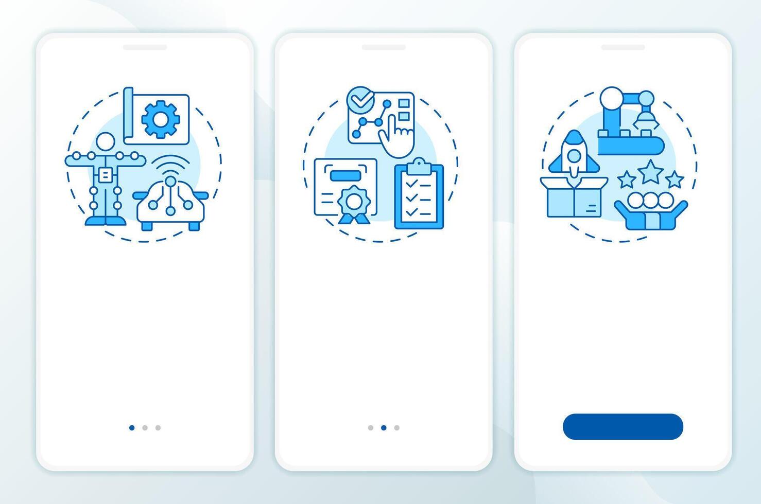 Technology readiness levels blue onboarding mobile app screen. Deployment. Walkthrough 3 steps editable graphic instructions with linear concepts. UI, UX, GUI vector