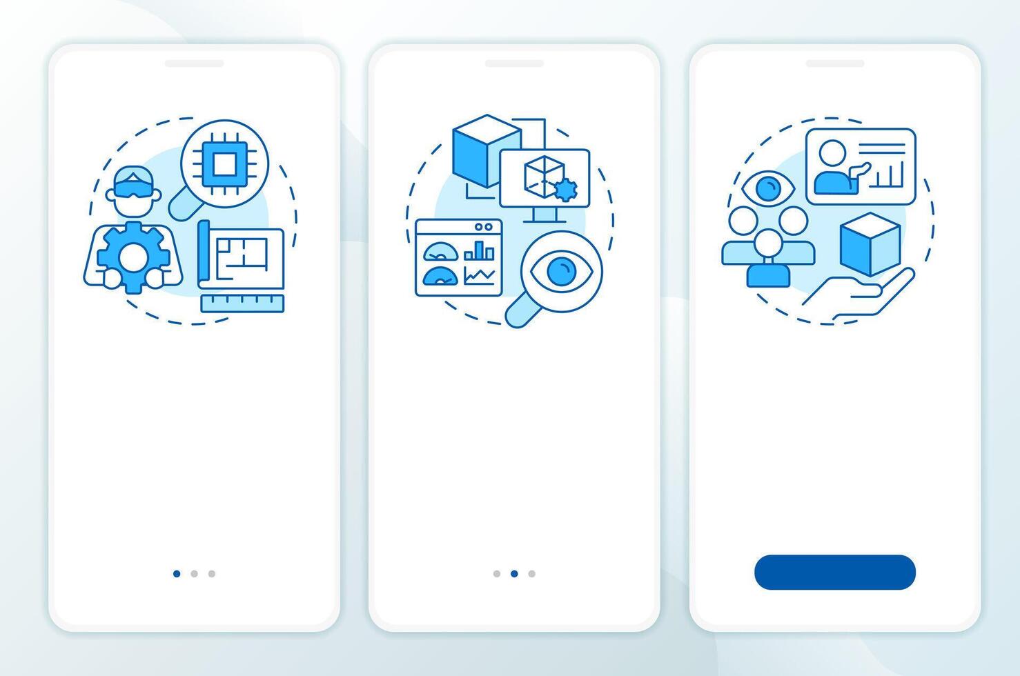 Levels of technology readiness blue onboarding mobile app screen. Walkthrough 3 steps editable graphic instructions with linear concepts. UI, UX, GUI vector