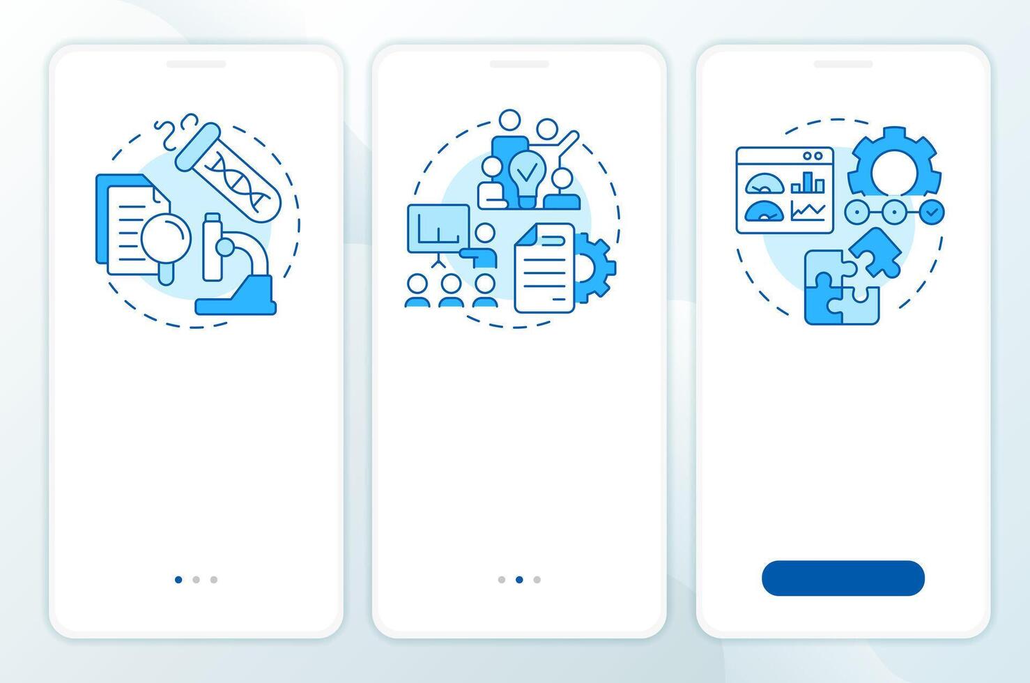 Technology readiness levels blue onboarding mobile app screen. Management. Walkthrough 3 steps editable graphic instructions with linear concepts. UI, UX, GUI vector