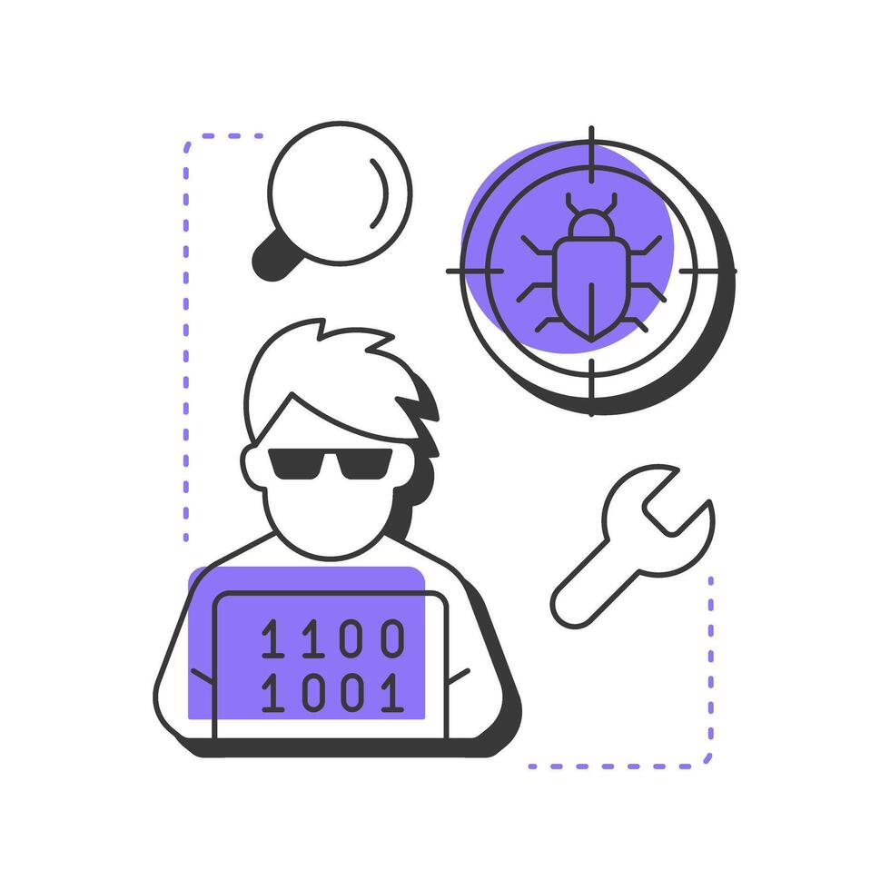 Detecting bugs modern linear concept icon. Software engineering, developer. System maintenance, qa testing. Flat outline elements connected with dotted lines. Creative visual. Easy to edit vector