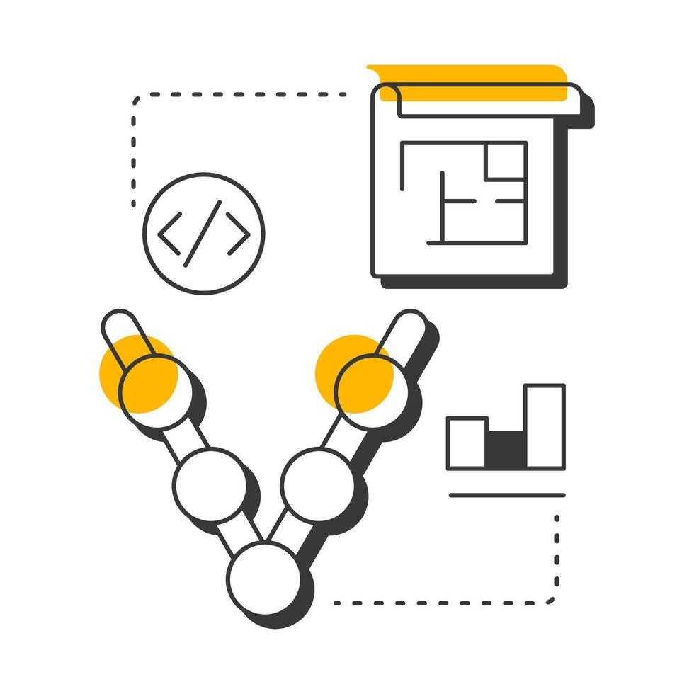 V-model modern linear concept icon. Statistical metrics, analysis. Workflow structure. Programming, coding. Flat outline elements connected with dotted lines. Creative visual. Easy to edit vector