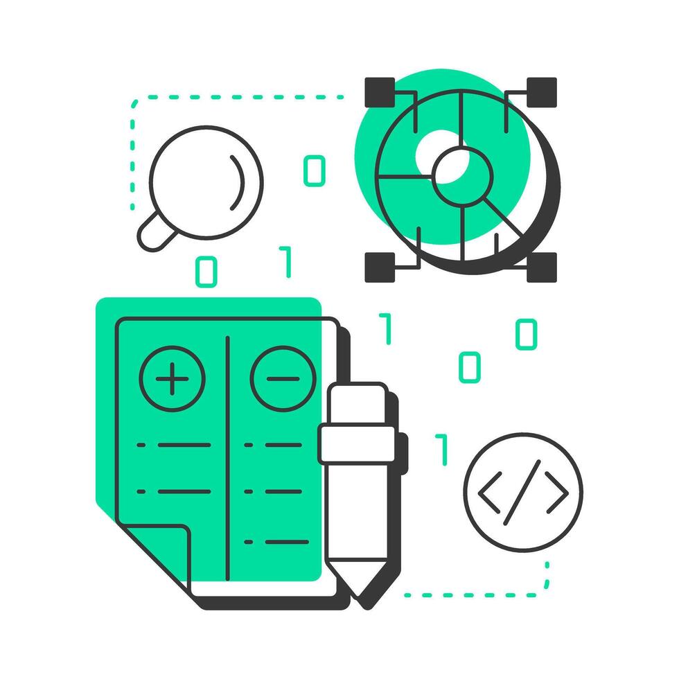 Testing modern linear concept icon. Coding, programming. Balance sheet, accounting. Statistical diagram. Flat outline elements connected with dotted lines. Creative visual. Easy to edit vector