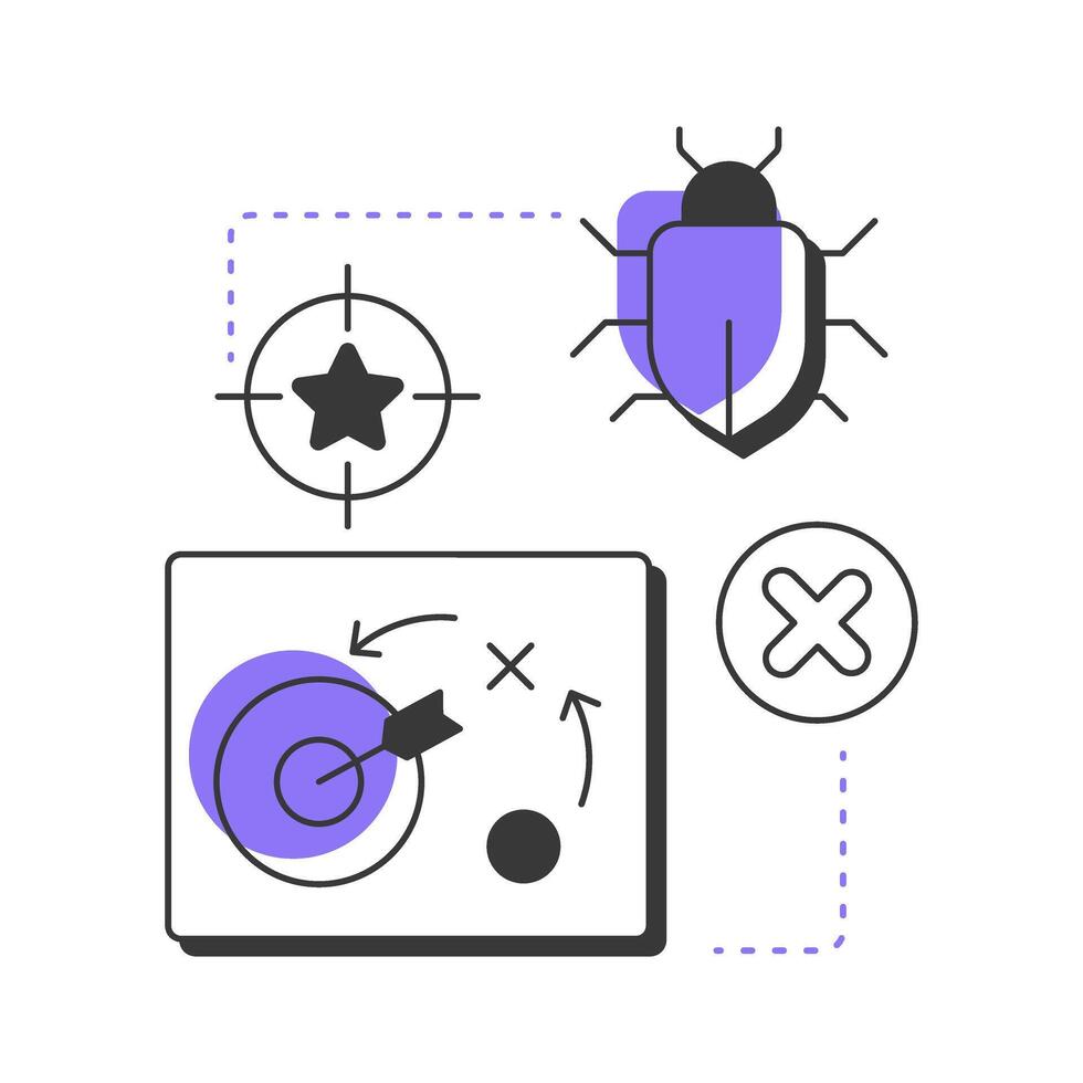Absence of errors fallacy modern linear concept icon. Bug analysis. Development strategy, target goal. Flat outline elements connected with dotted lines. Creative visual. Easy to edit vector
