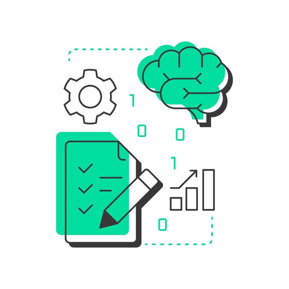 Requirements analysis modern linear concept icon. Task list, brainstorm. Statistical graph, efficiency metric. Flat outline elements connected with dotted lines. Creative visual. Easy to edit vector