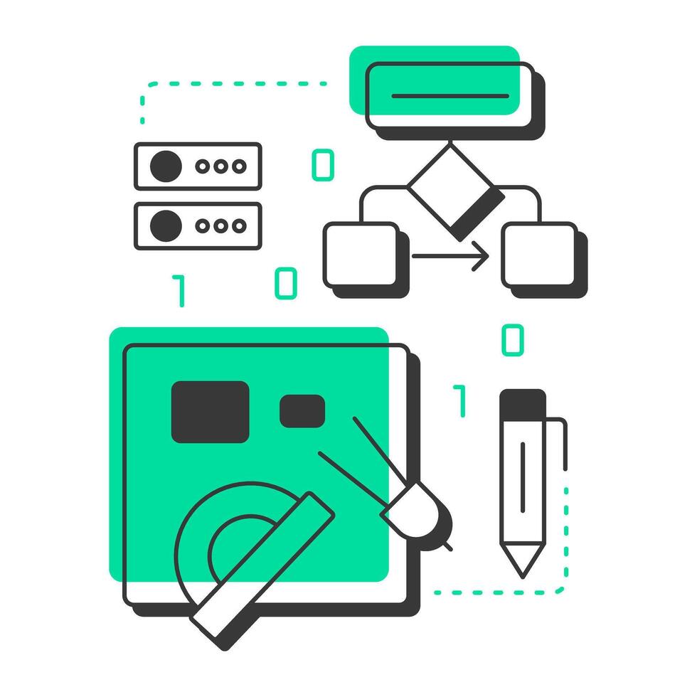 Design modern linear concept icon. Data management, organization. Database, servers. Workflow structure. Flat outline elements connected with dotted lines. Creative visual. Easy to edit vector