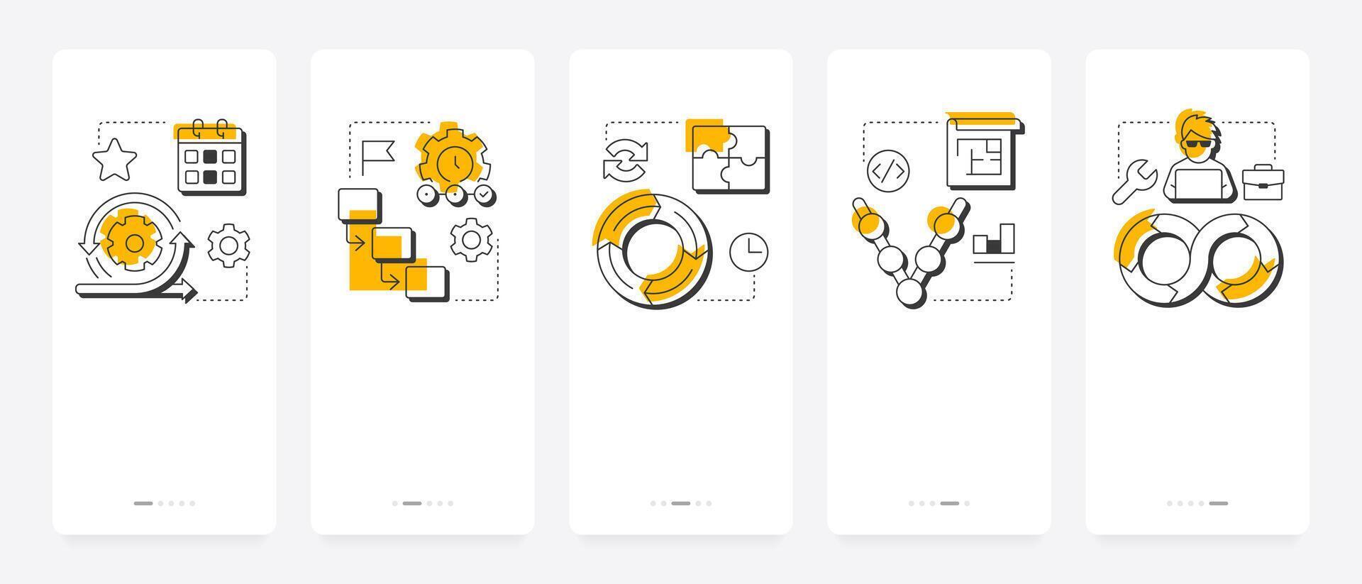 Software development life cycle models mobile app onboarding screens. Workflow organization, task management. Flat UI UX design, orange highlight with outline icons conceptual vector