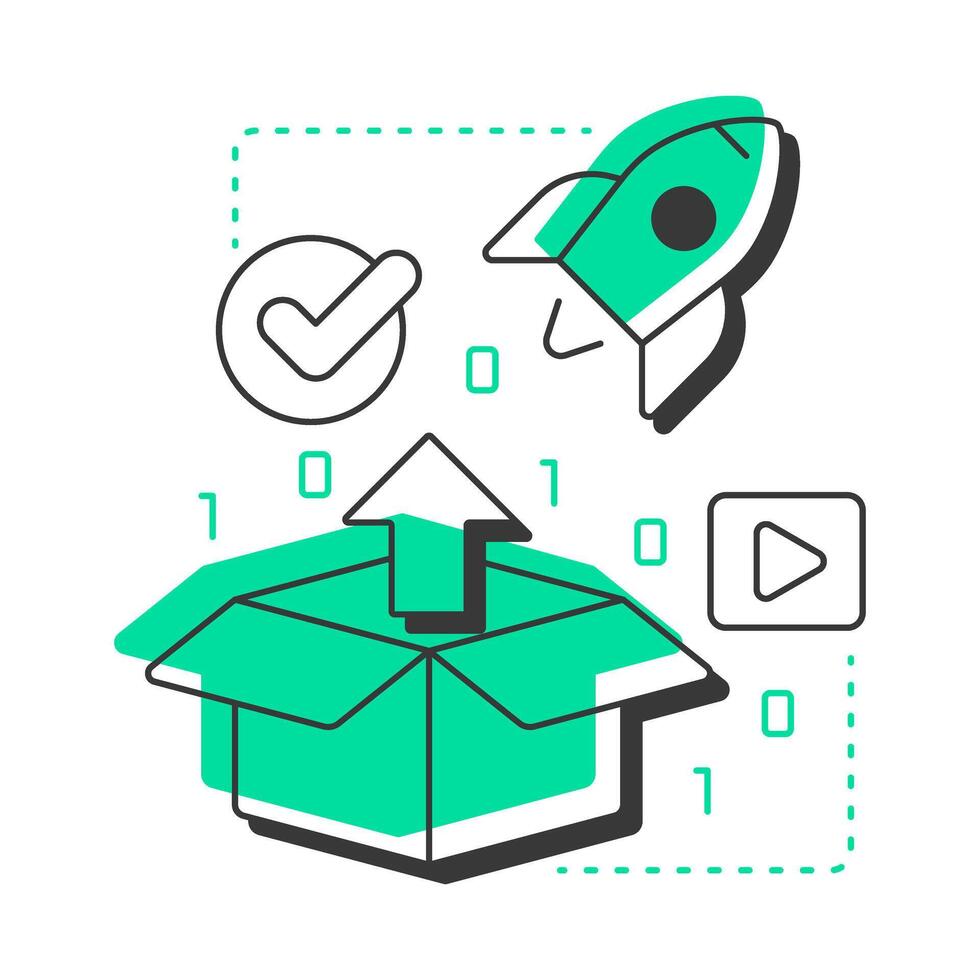 Implementation modern linear concept icon. Efficiency rocket, productivity. Development, innovation. Flat outline elements connected with dotted lines. Creative visual. Easy to edit vector