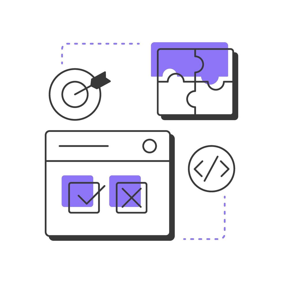 Testing is context-dependent modern linear concept icon. System analysis, user survey. Coding, programming. Flat outline elements connected with dotted lines. Creative visual. Easy to edit vector