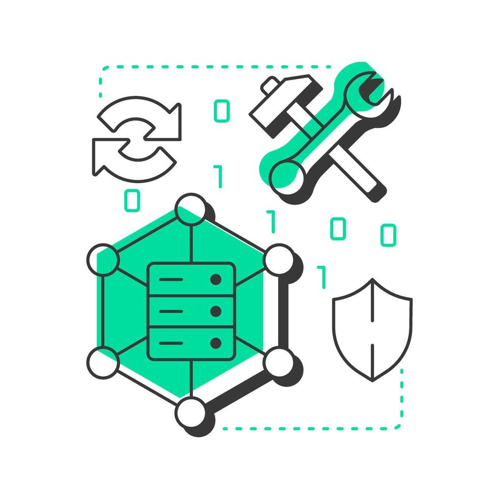 Maintenance modern linear concept icon. Software engineering, security. Repair, technology. Data management. Flat outline elements connected with dotted lines. Creative visual. Easy to edit vector