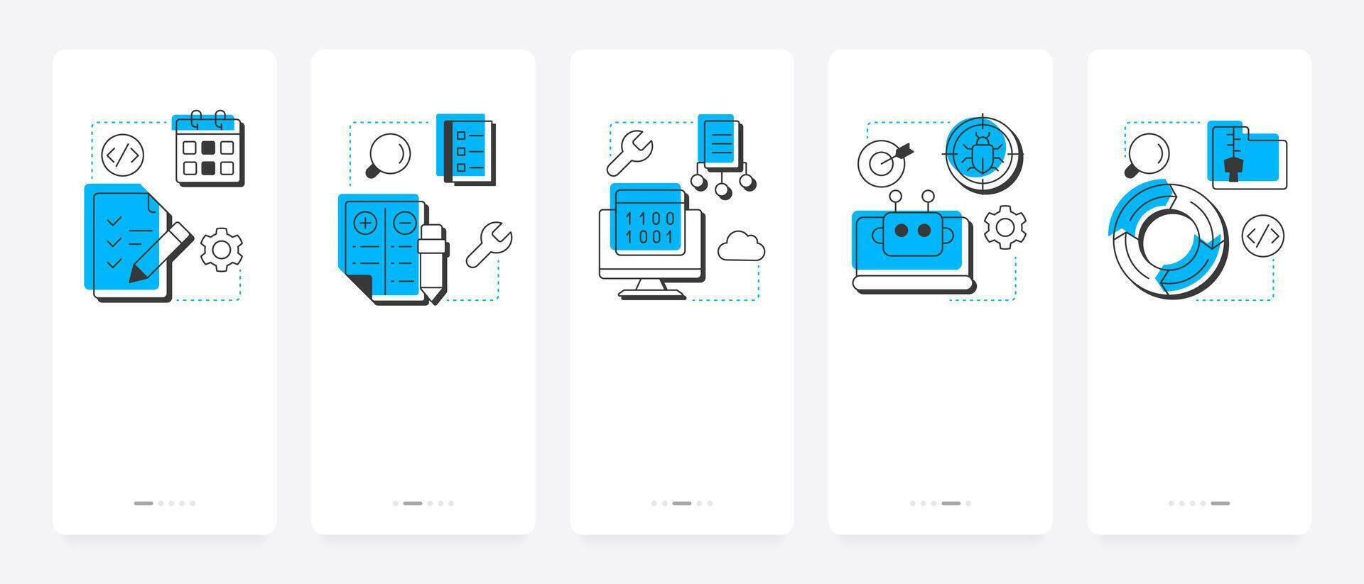 Software testing life cycle mobile app onboarding screens. Program development, planning. Coding, analysis. Flat UI UX design, blue highlight with outline icons conceptual vector