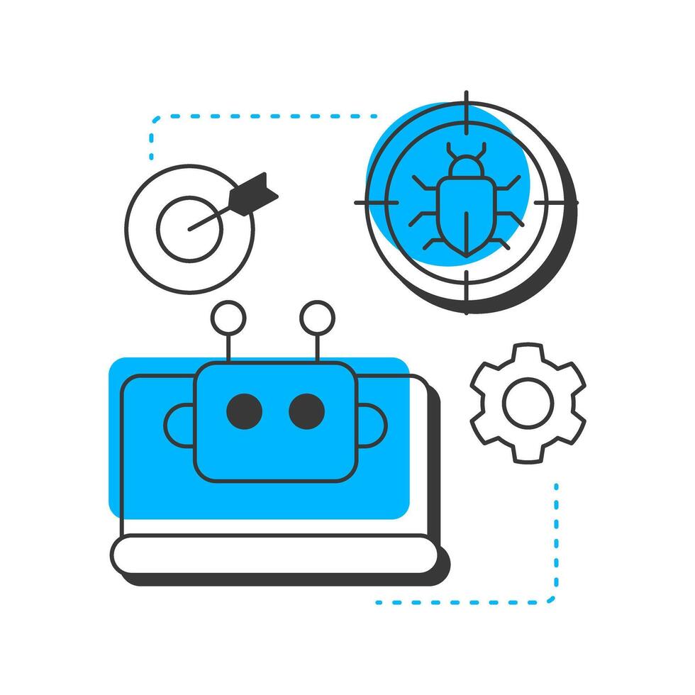 Test execution modern linear concept icon. Bug analysis, tracking. Artificial intelligence, chatbot. Flat outline elements connected with dotted lines. Creative visual. Easy to edit vector