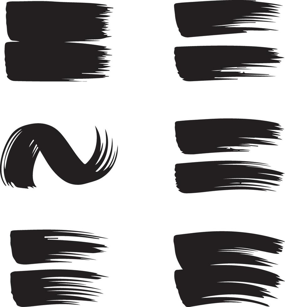 Collection of diverse black brushstrokes creating artistic textures and patterns isolated on white background vector