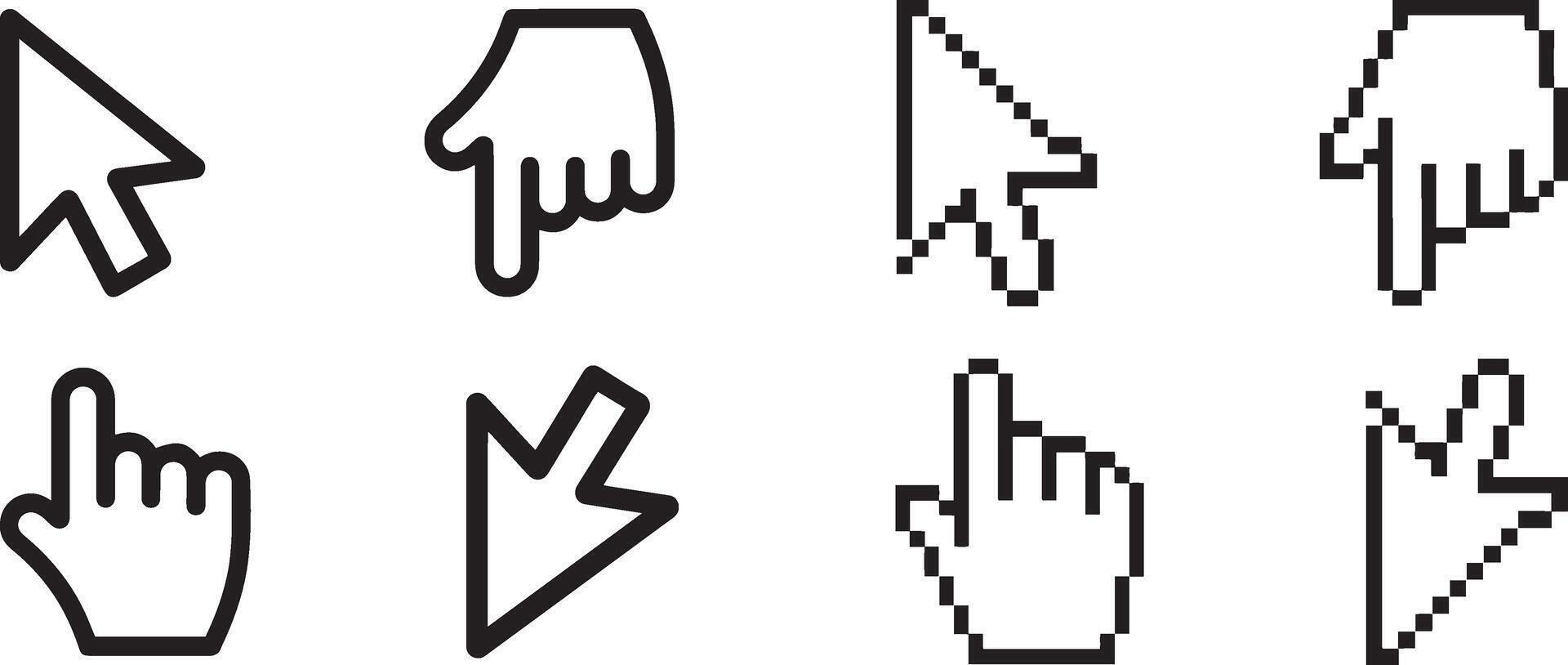 Mouse cursor icon set in pixel and styles. Arrow and hand pointer collection for ui design. vector