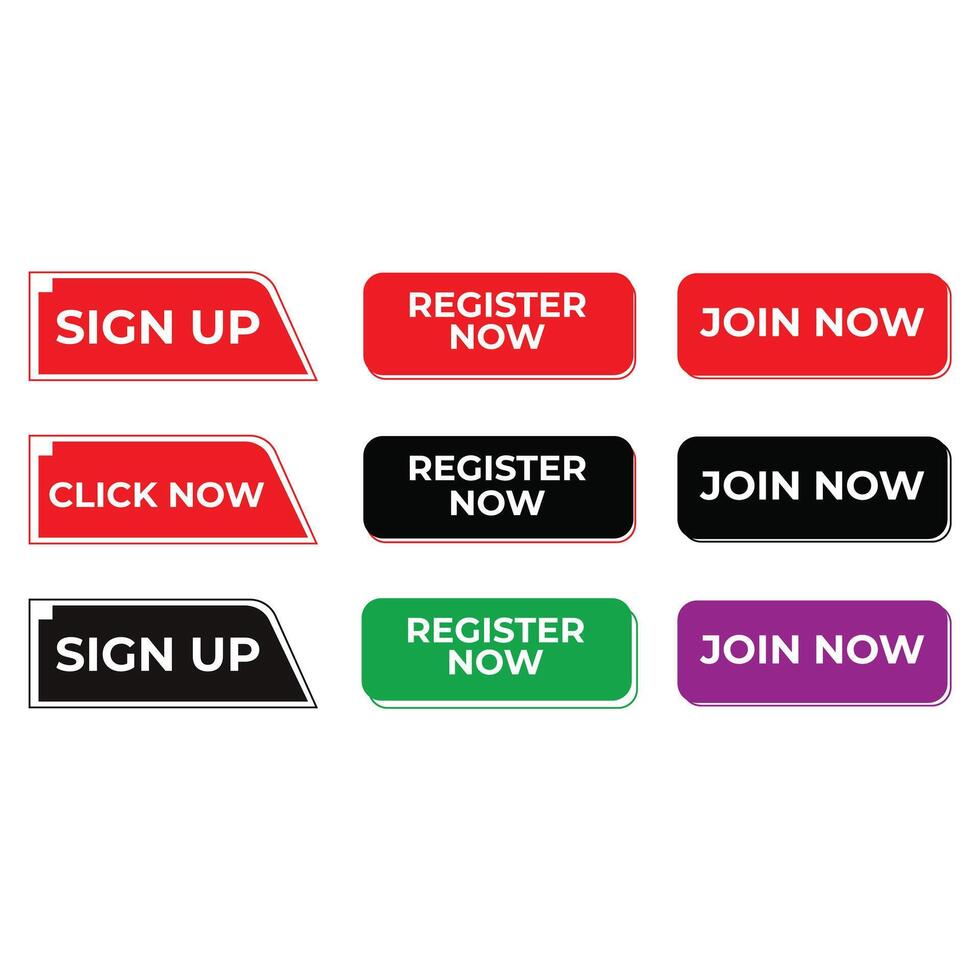 Modern Call-to-Action Buttons Set Sign Up, Register, Join Now, Click Now vector