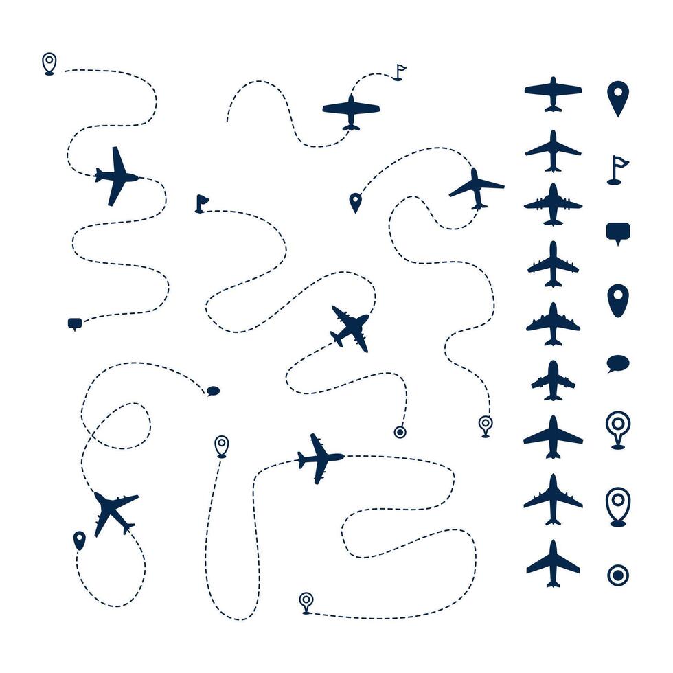 Set of airplane route icon collection, Plane paths. Aircraft tracking, planes, travel, map pins, location pins, Plane route line. Planes dotted flight pathway with various airplane and location icons vector