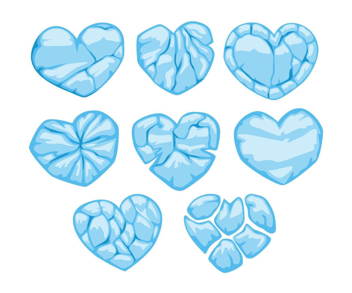Set of blue broken ice heart collection cartoon, cold frozen heart, frozen ice fragments in shape of heart, anti Valentine's day conception. Frozen ice fragments in shape of heart, break up concept. vector