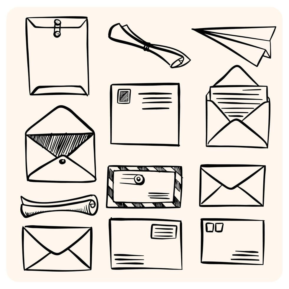 Hand-drawn envelopes and letters set. A collection of doodle icons for mail, communication, and correspondence. vector