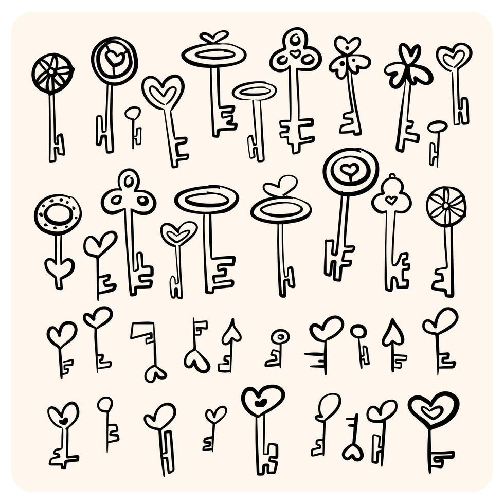 A detailed set of hand-drawn key doodles. A large collection of various keys with unique designs, including hearts and clovers vector