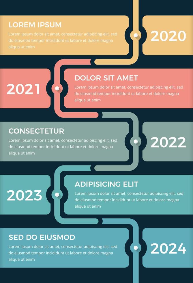 Vertical timeline infographics template with five elements for dates and text, dark background vector