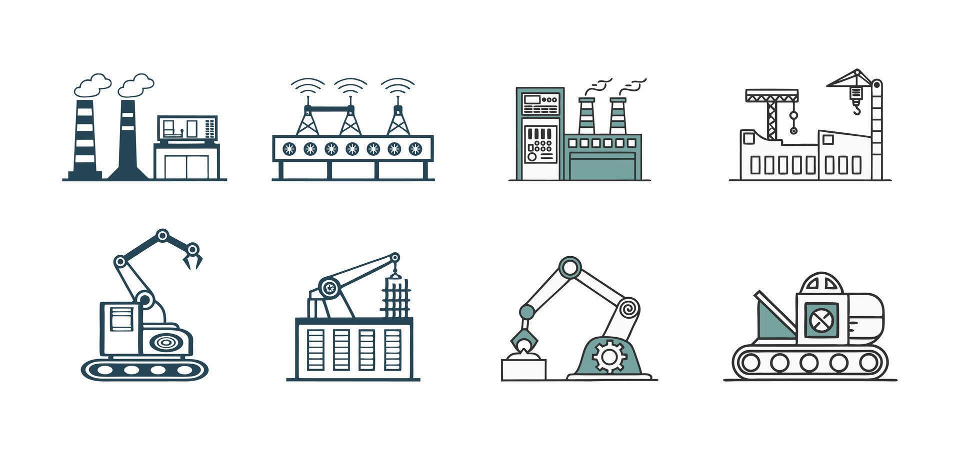 art of various industrial factory machines and robots isolated on white background vector